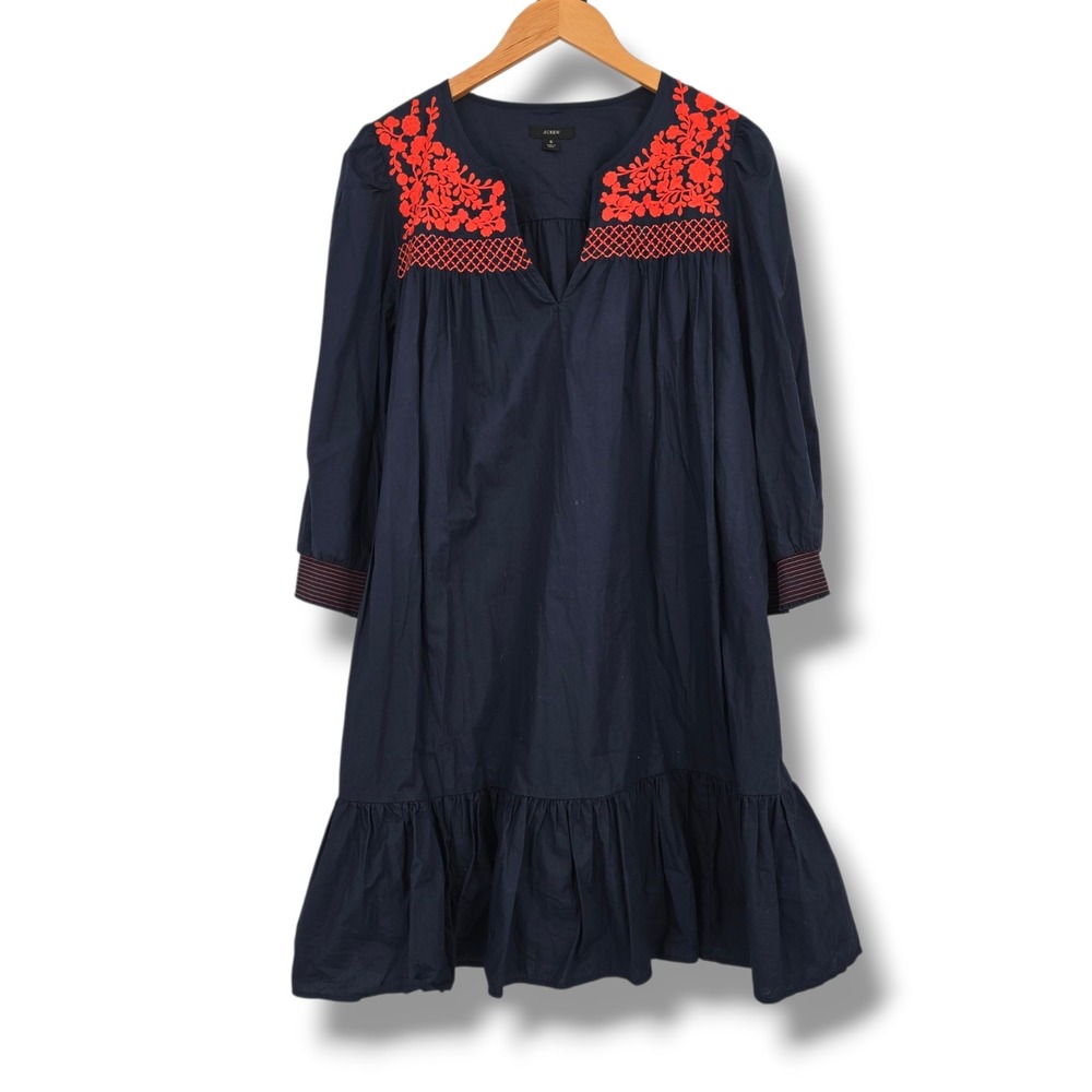 J.Crew Navy Blue Red Floral Embroidered Cotton Ruffle‎ Shift Dress Womens Small